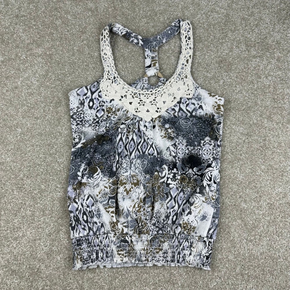 Self Esteem Boho Racerback Tank Top Medium Grey Paisley Crochet Lace Smocked Hem